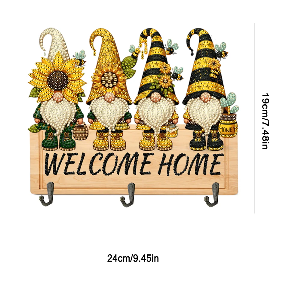 DIY Bee Gnome Wooden Special Shape 3 Hooks No Punch Diamond Painting Hook Rail