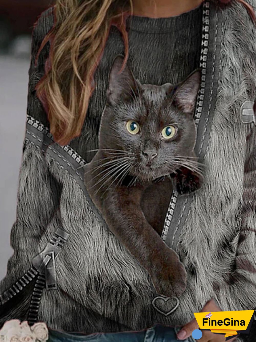 Women Casual Black-Grey Cat Printed Tops