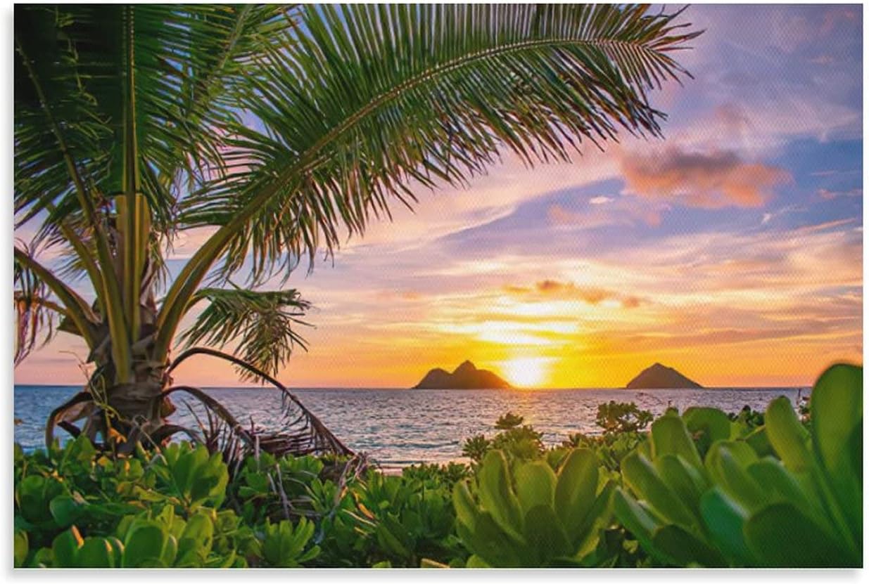 Posters Sunset Poster for Kailua Wall Art Coastal Landscape, Lanikai Beach Canvas Wall Art for Living Room Bedroom Office Kitchen Decor 24x36inch(60x90cm) Unframe-Style 24x36inch(60x90cm)