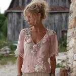 Vintage Boho Roses Embroidered Comfy Linen Shirt - Image 2