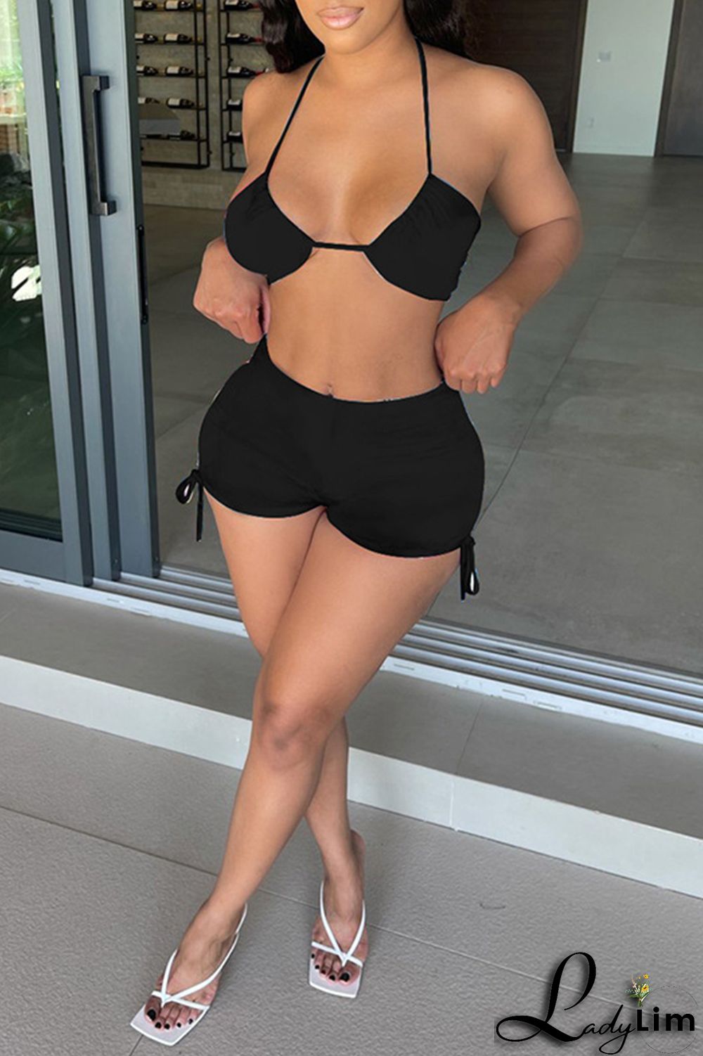 Black Fashion Sexy Solid Bandage Backless Halter Sleeveless Two Pieces