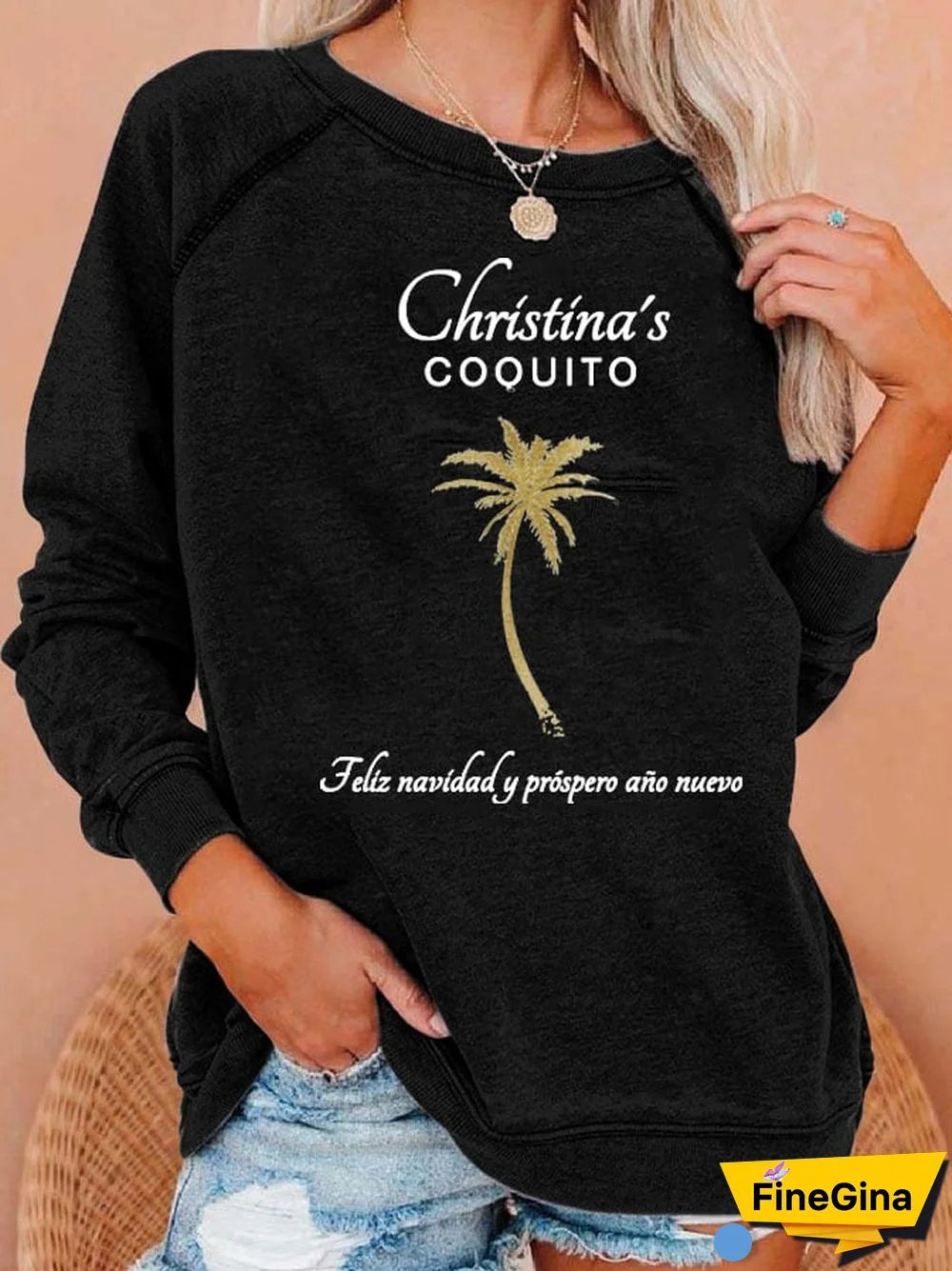 Women's Christmas Goldtone Palm Tree Print Casual Sweatshirt