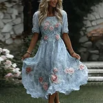 Women's Floral Art Print Flowy Linen Blend Casual Short Sleeve Maxi Dress - Image 6