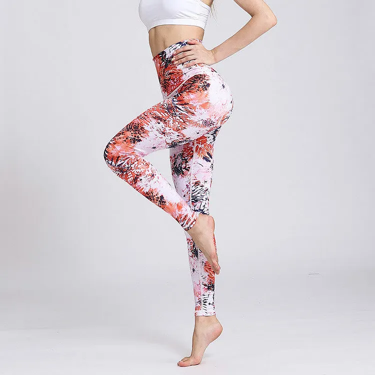 Red Pink Flowers Print Sports Fitness Yoga High Waist Leggings Women's Yoga Pants