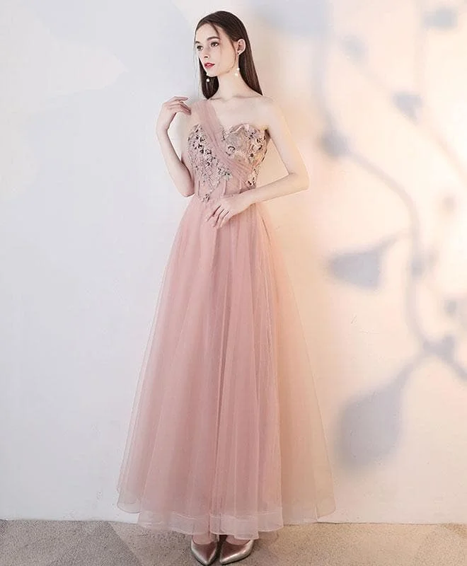 Champagne Pink Tulle Lace Long Prom Dress, Tulle Lace Evening Dress