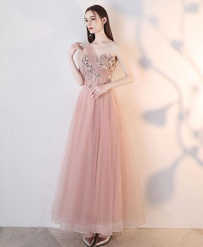Champagne Pink Tulle Lace Long Prom Dress, Tulle Lace Evening Dress