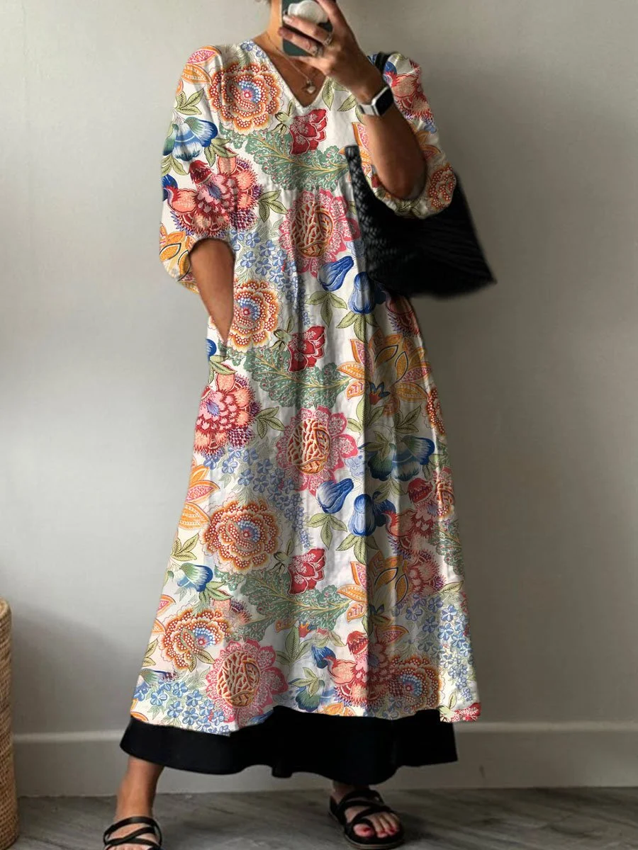 Women's  Retro Flower Print Pocket V-neck Cotton Dress