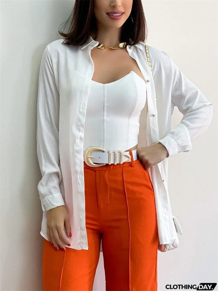 Trendy Comfy Relaxed Solid Color Ladies Button Blouse