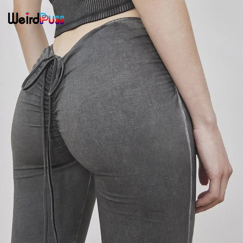 Weird Puss Y2K Low Waist Flare Pants Women Drawstring Ruched Long Trousers Elastic Casual Streetwear Fashion Bandage Bottoms