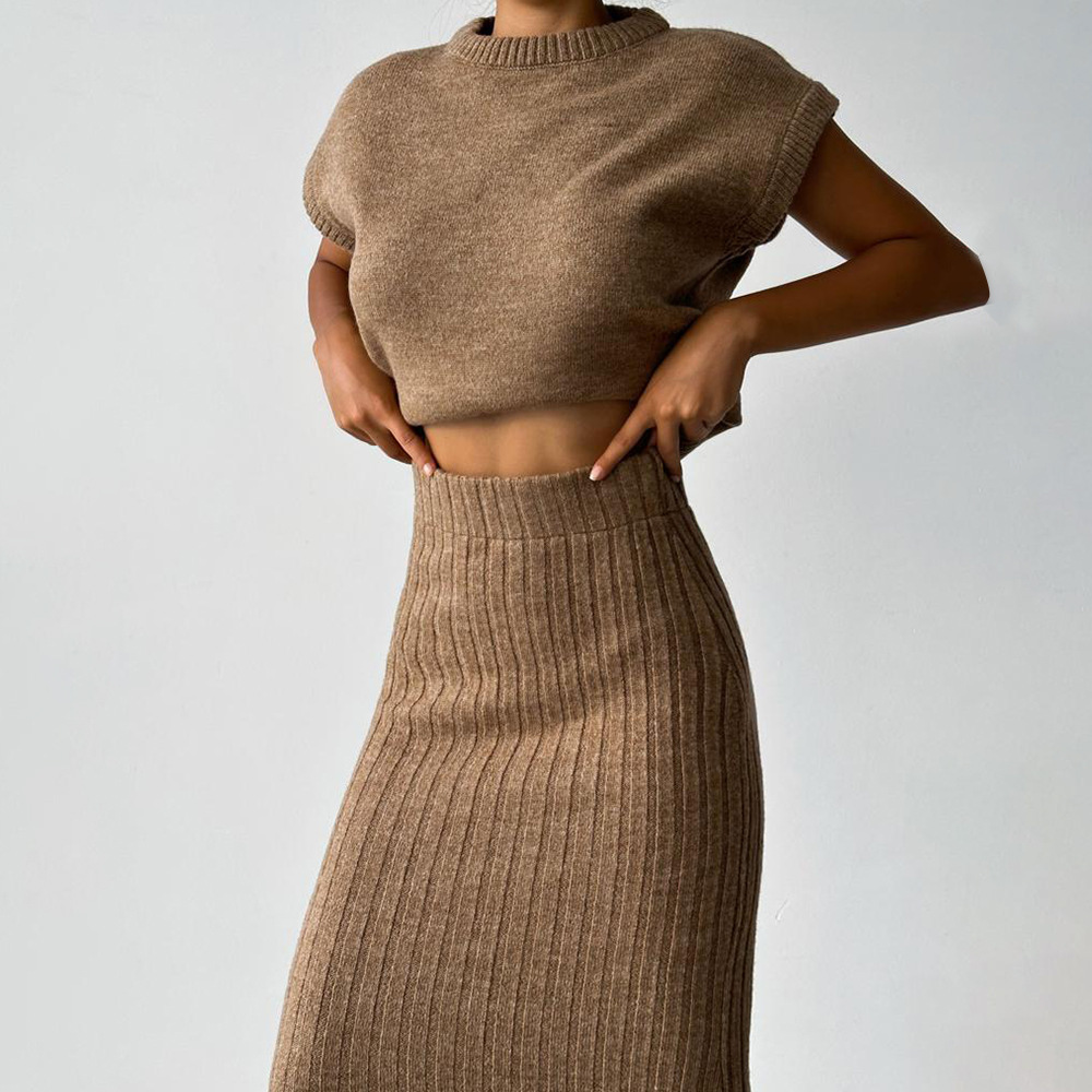 Ootddress Knit Sweater 2 Piece-Set Women Loose Ribbed Sleeveless Pullover And High Waist Long Skirt Outfits Knitwear Women's Sets