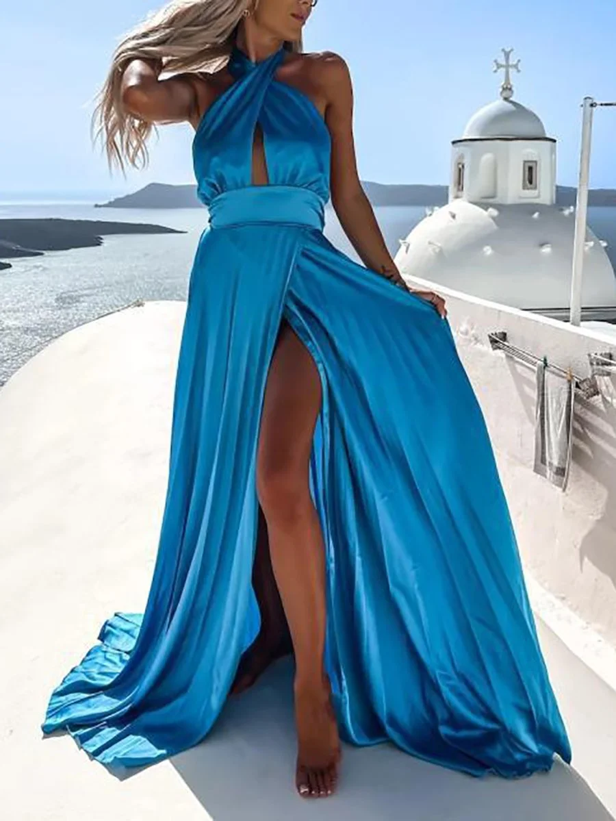 Sleeveless Cross Halter Slit Maxi Dress
