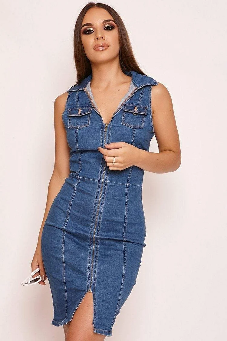 Blue Dark Wash Denim Zip Front Dress Katch Me