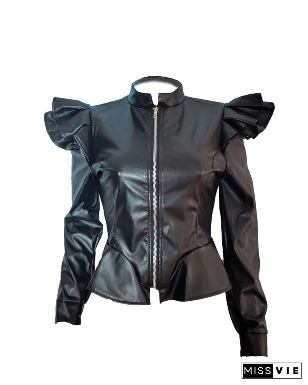 PU Leather Ruffles Decor Zipper Design Coat
