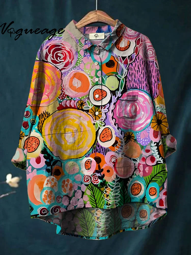 Bright Watercolor Plants And Flowers Print Cotton And Linen Shirt