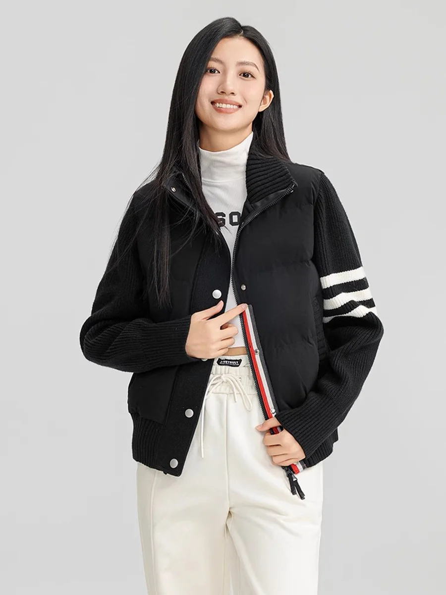 Toloer Knitting Splicing Light Down Jacket Female 2024 Winter Fashion Contrast Color Stripe Vertical Collar Casual White Duck Down Coat-Outfit Ideas