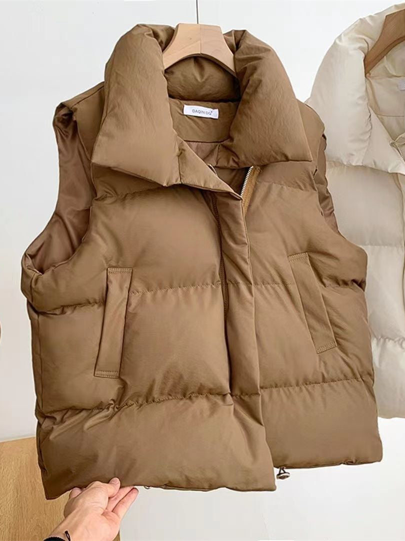 Women Sleeveless Stand-up Collar Solid Color Puffer Vest Coats