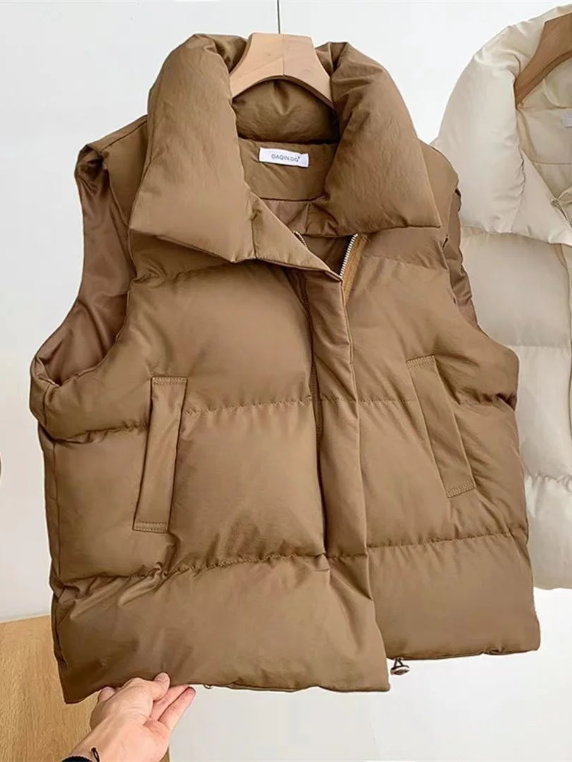 Women plus size clothing Women Sleeveless Stand-up Collar Solid Color Puffer Vest Coats-Nordswear