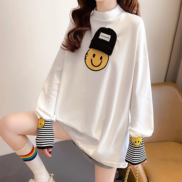 Smiling Face Print Round Collar Loose Shirt  - Modakawa Modakawa