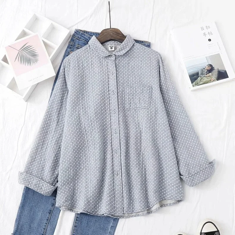 Autumn New Women Cotton Turn Down Collar White Shirt Long Sleeve Pockets Dot Blouse Button Up Loose Spring Casual Tops T09406F