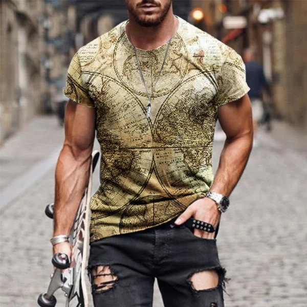 Men's Crew Neck Casual Map Print Short Sleeve T-shirt / [viawink] /
