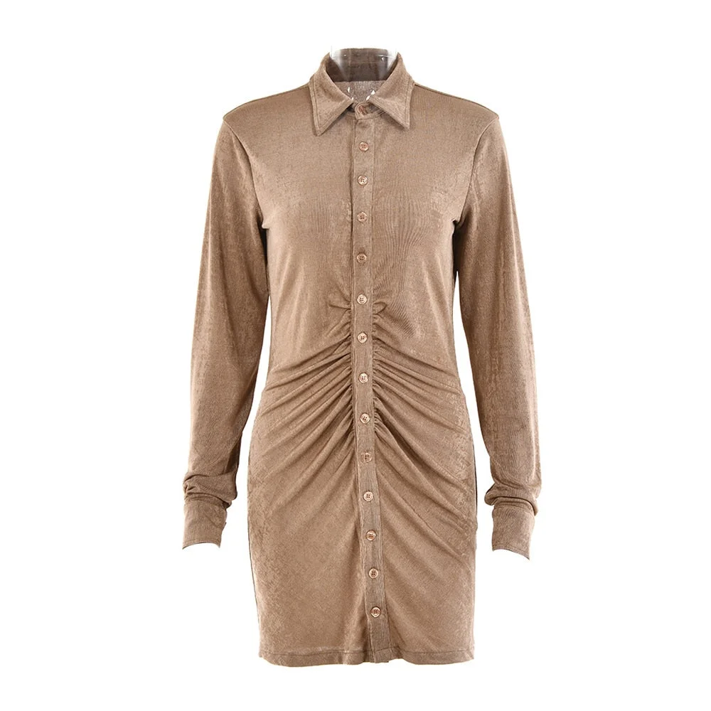 wsevypo Autumn Office Lady Solid Color Mini Shirts Dress Party Vestidos Women's Long Sleeev Button down Ruched Bodycon Dress