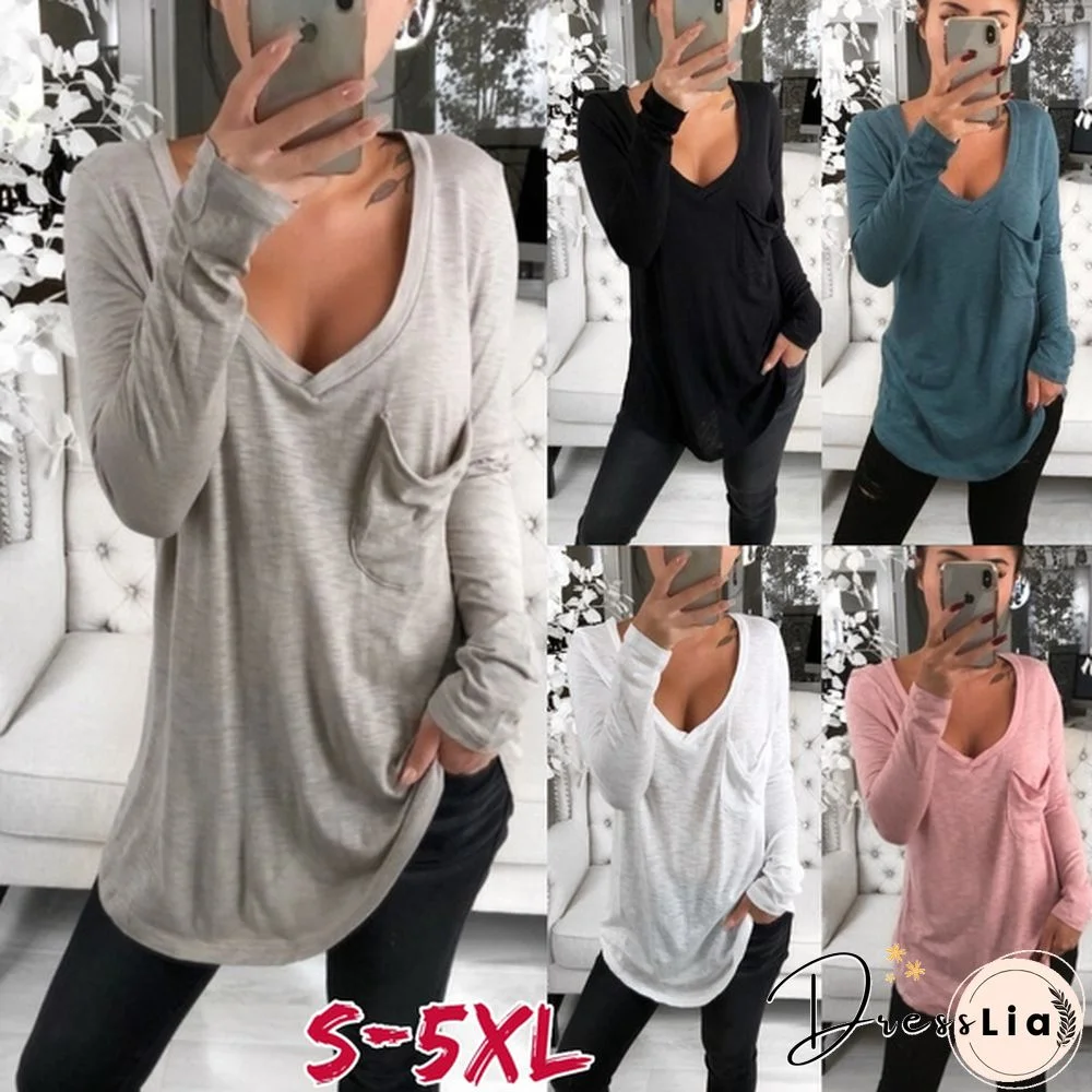 6 Colors Women Fashion Casual Long Sleeve Dropped Shoulders V-neck Pullover T-shirt Summer Tops Plus Size