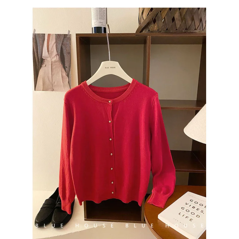 Uveng Uveng Style Gentle Retro Small Gold Button Net Version Long-Sleeved Knitted Shirt Women Autumn Collar Soft Glutinous Sweater Coat