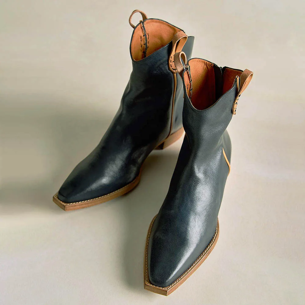 Fashion Navy Pointed Toe Chunky Heel Back Zipper Cowgirl Boots