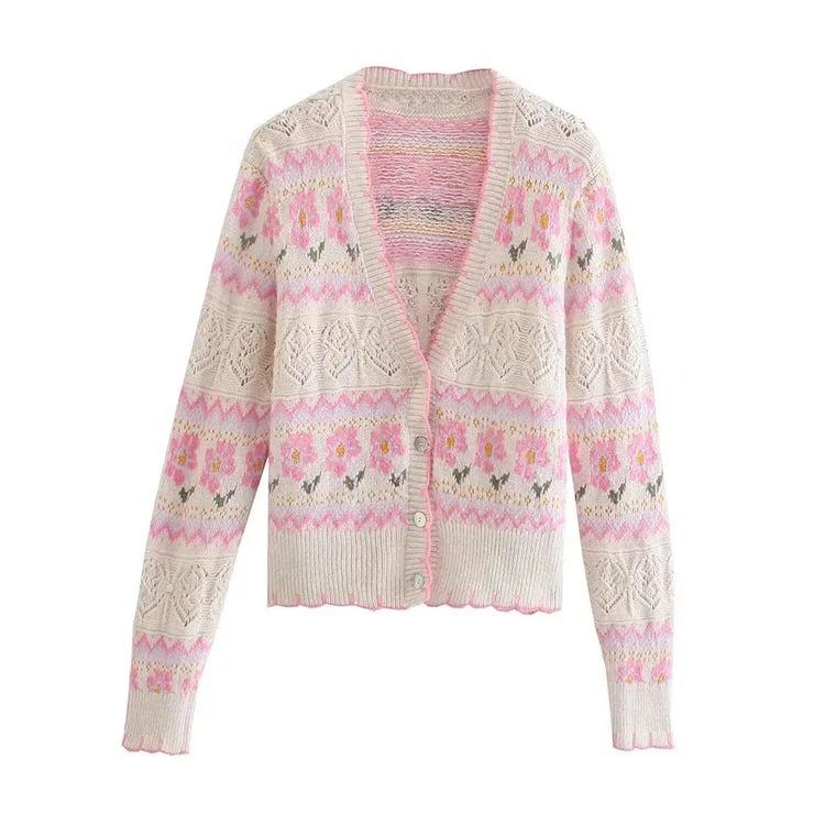 New sweet hollow flower jacquard V-neck knitted coat sweater  7373