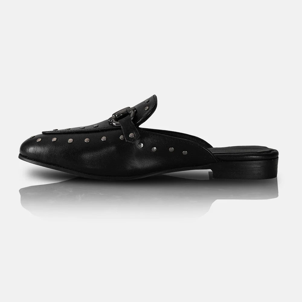 Classic Black Faux Leather Round Toe Silver Studded Mules Shoes