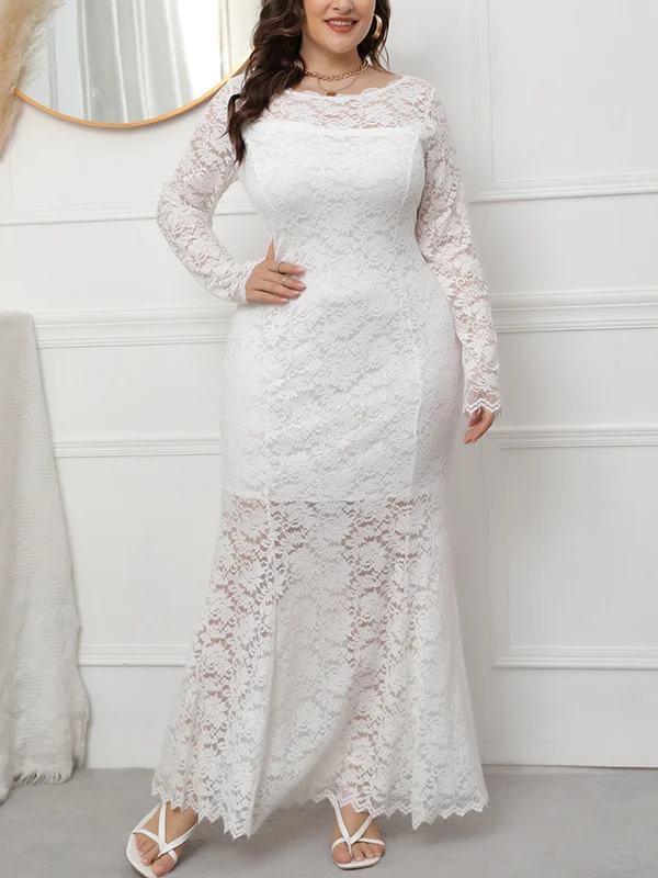 Hollow See-Through Solid Color High Waisted Long Sleeves Round-Neck Maxi Dresses