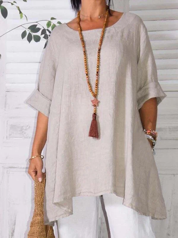 Ladies loose casual cotton and linen short sleeve T-shirt top-Mayoulove