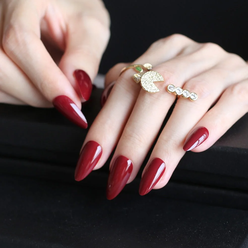 UV glossy false nails Water droplets shiny wedding nails burgundy stiletto blue Black UV fake nails 28pcs full set-Nail Inspo