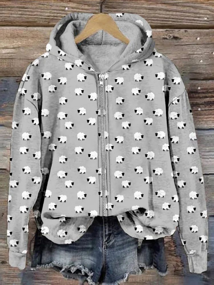 Cute Cartoon Sheep Graphic Zip Up Comfy Hoodie