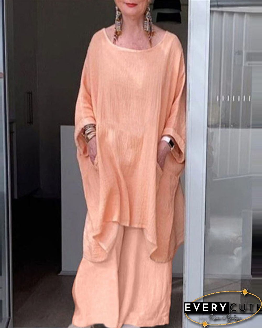 Loose Crew Neck Irregular Top Pants Two-piece Suit