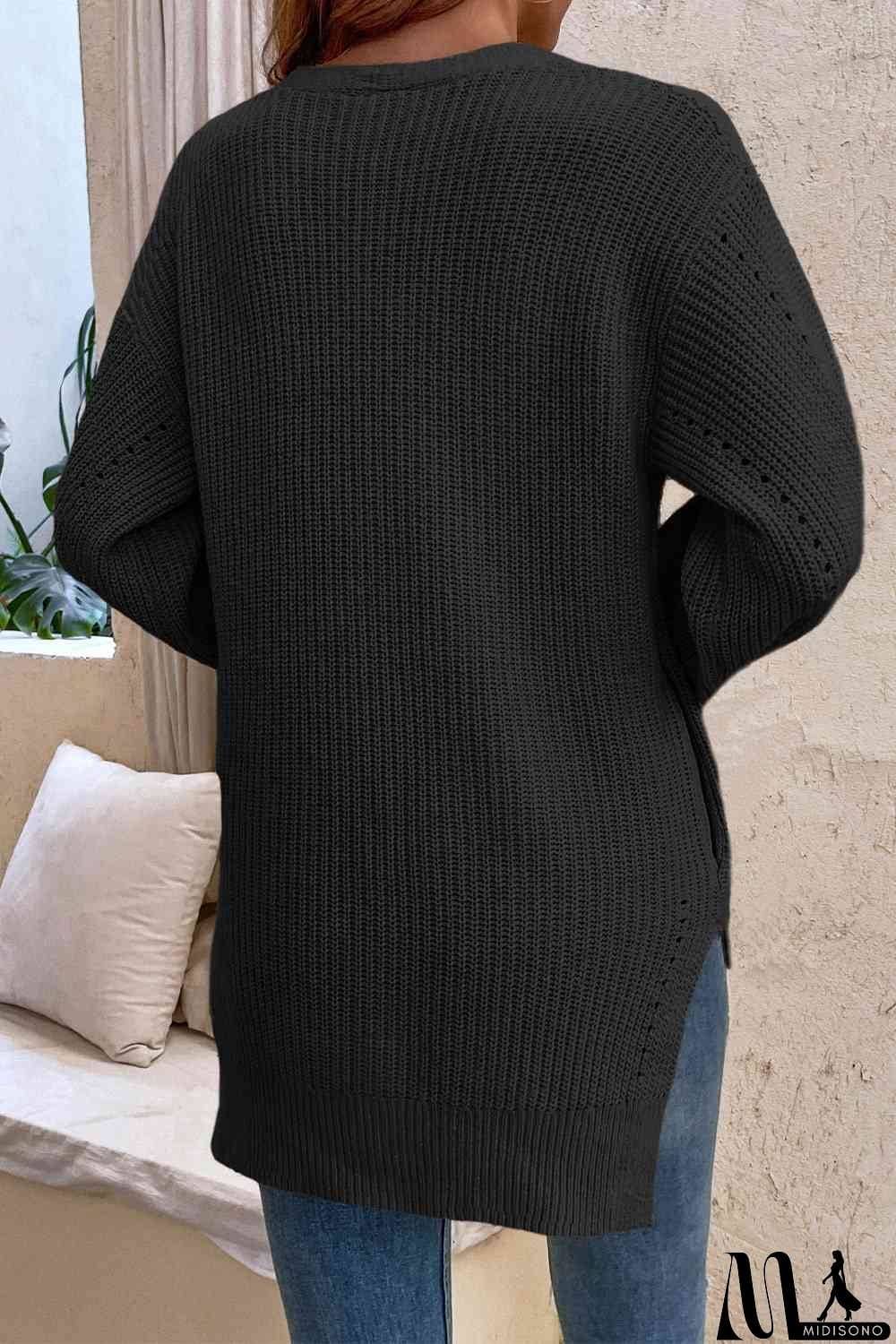 MidiSono - V-Neck Openwork Long Sleeve Cardigan