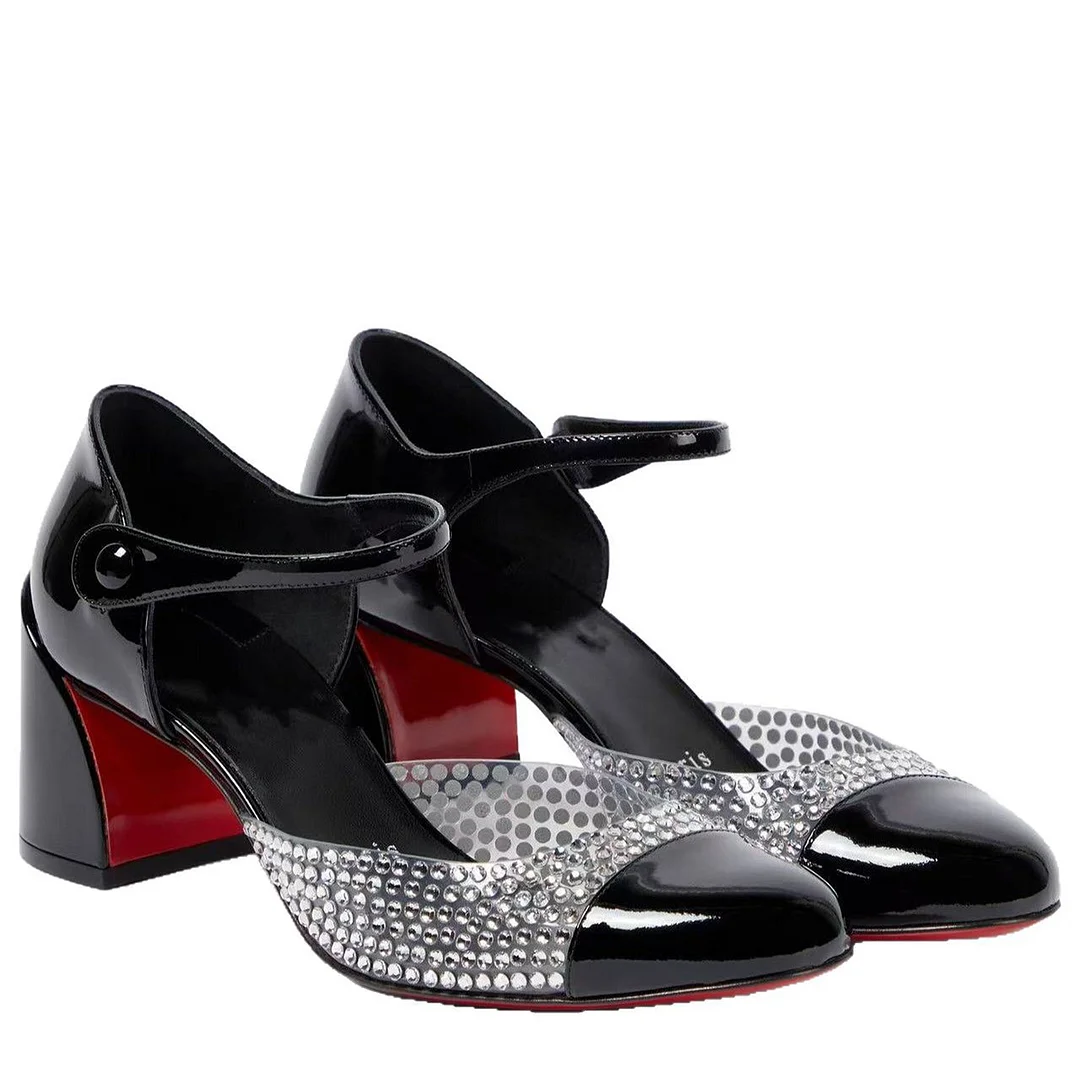 55mm Women's Round Toe Rhinestone Chunky High Heels Mary Jane Red Bottom Shoes-MERUMOTE