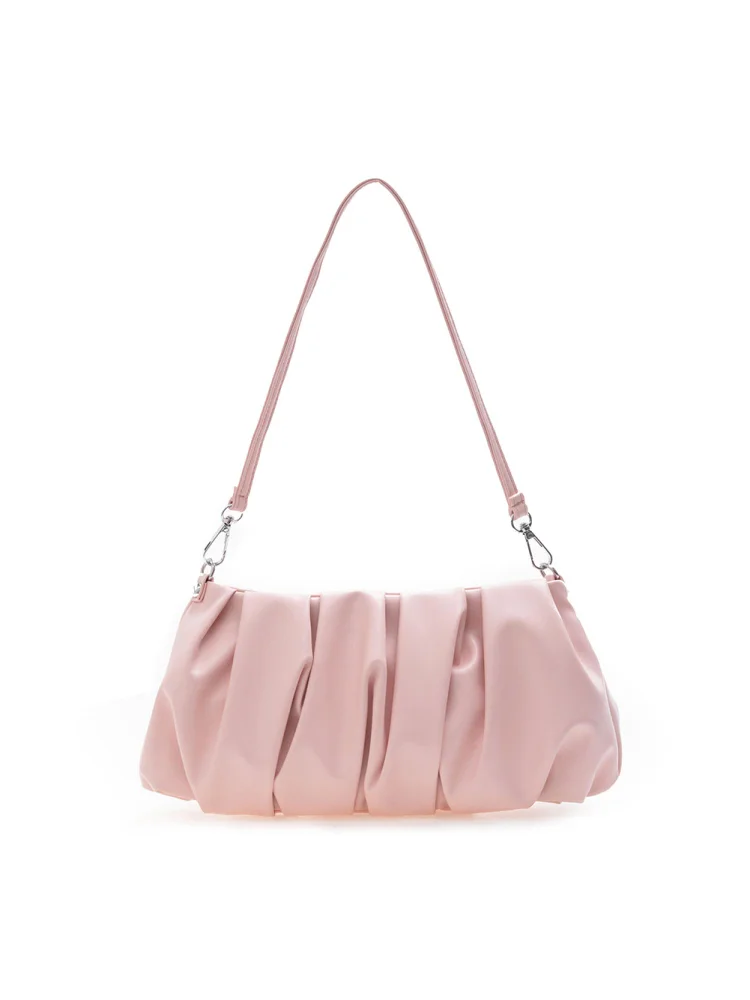 Pleated Shoulder Handbag Women Solid PU Elegant Underarm Cloud Bag (Pink)
