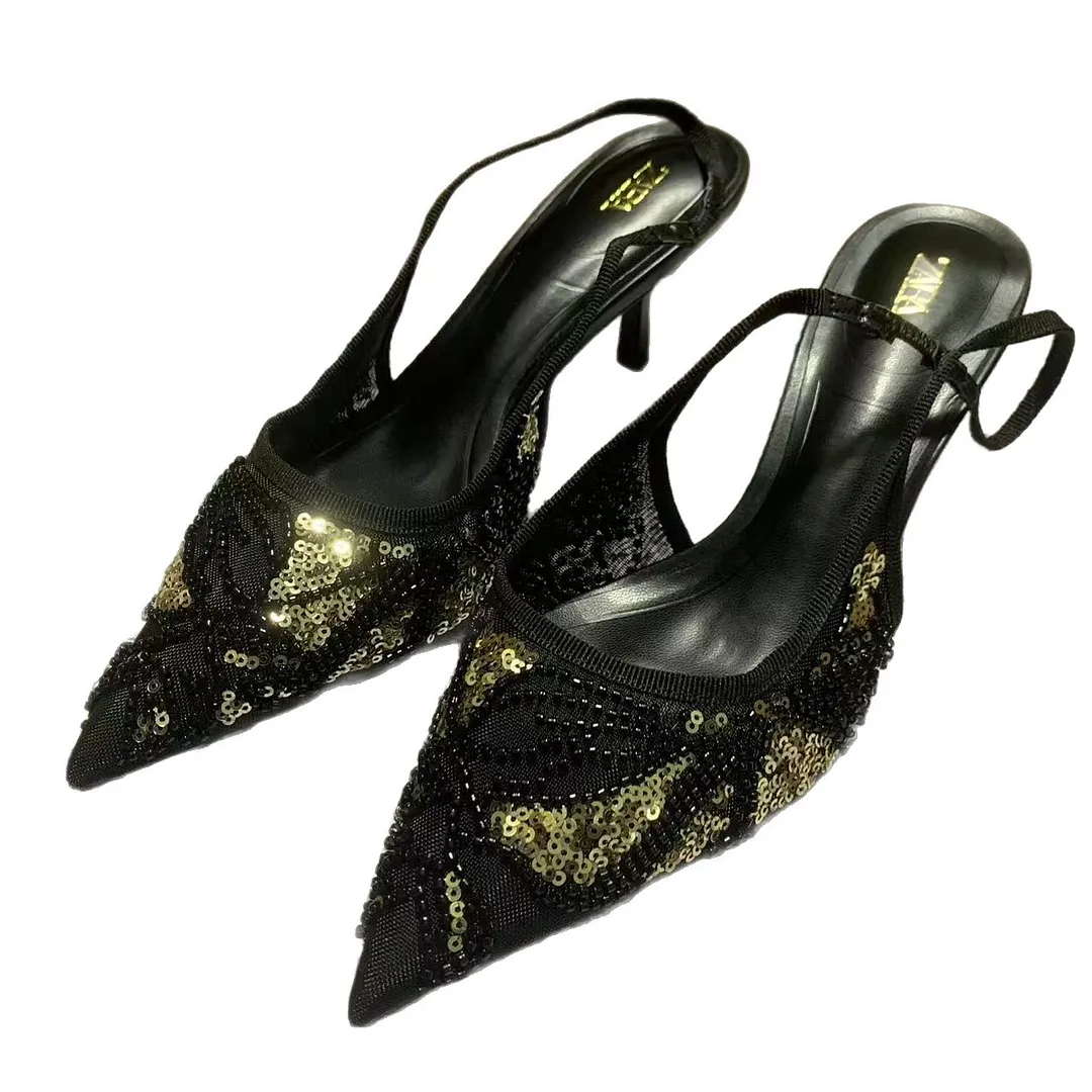 Breakj Breakj Home 2025 New Women's Shoes Low Heel Temperament High Heel High-Heeled Shoes Black Gold Glide After The Stumbling Single Shoes