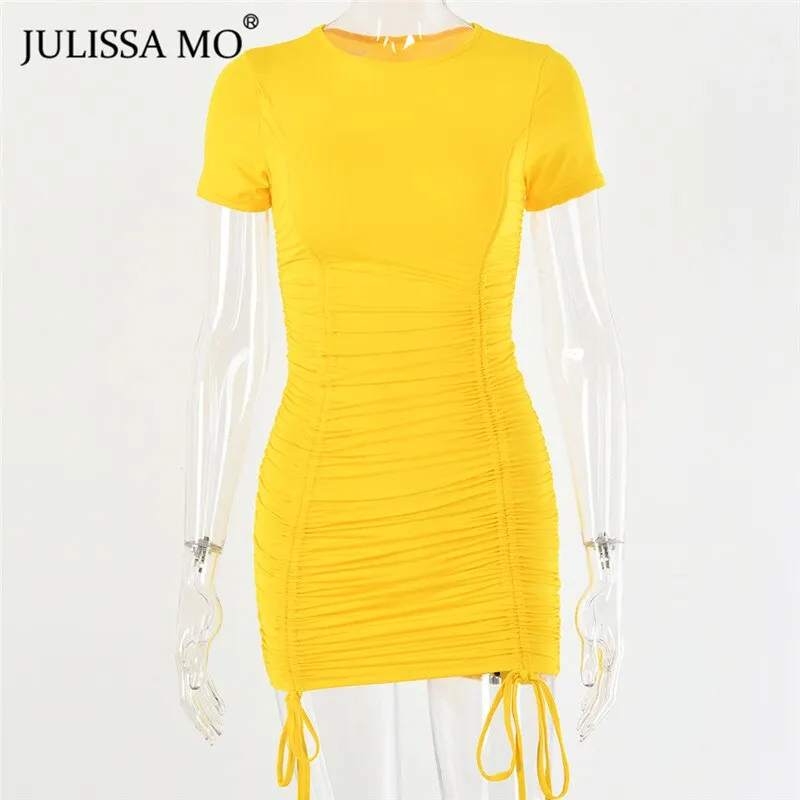 JULISSA MO White Drawstring Ruched Summer Dress Women Sexy Skinny Bodycon Bandage Dress New Casual Short Sleeve Mini Dresses