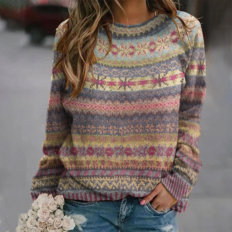 Ethnic Style Jacquard Vintage Crew Neck Sweater