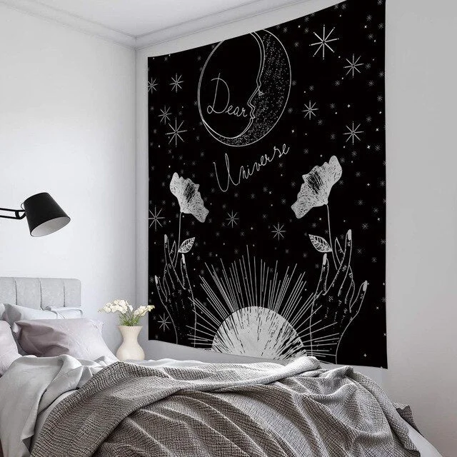 Tarot Sun moon Tapestry Watercolor Wall Hanging The Moon Wall Tapestries Black and White Bohemian Wallpaper The Star Wall Decor