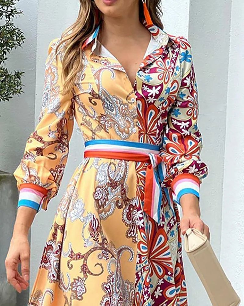 Classic Long Sleeve Printed A-Line Dress