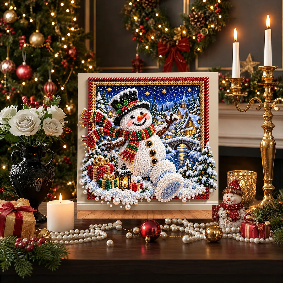Framed Pearl Painting Kit Snowman Scene for Adults 30x30cm