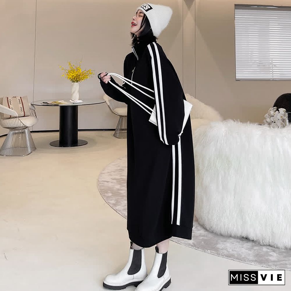 Plus Size Stripe Zipper Long Sleeve Loose Dress