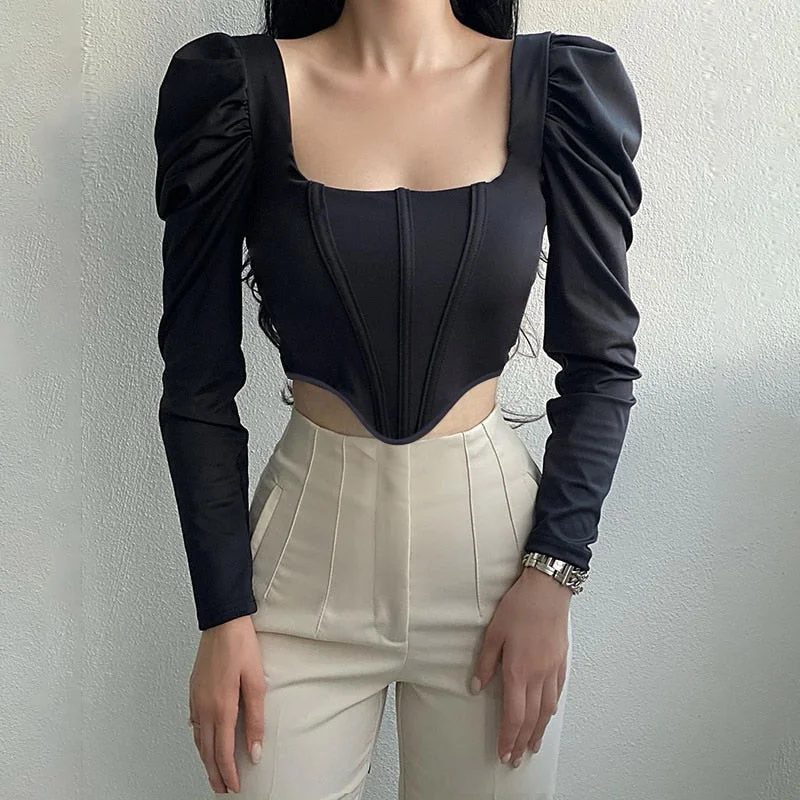 Women Blouses Tops 2021 Fall Corset Velvet Tops Elegant Black Shirts Square Collar Puff Long Sleeve Cryptographic Vintage Shirt