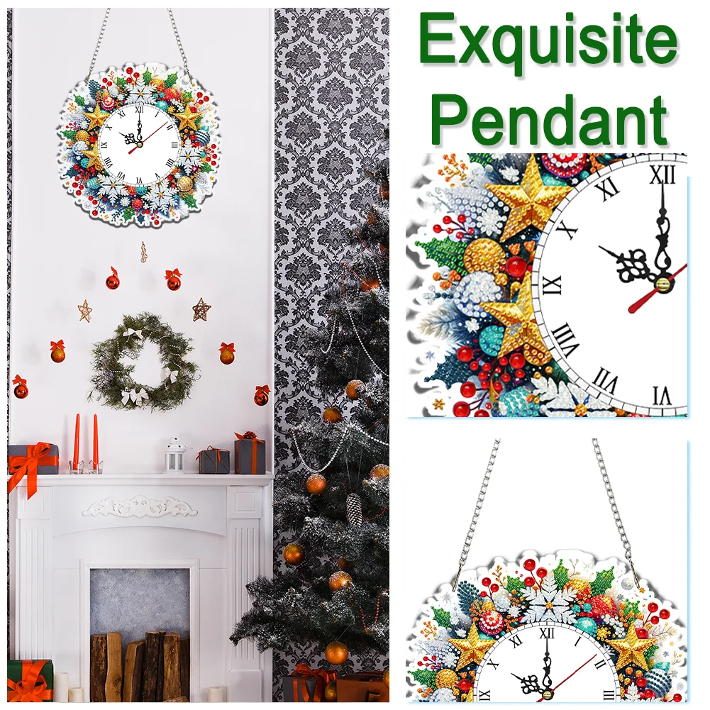 2D Flat DIY Christmas Snowflake Acrylic Diamond Painting Clock Pendant Decor