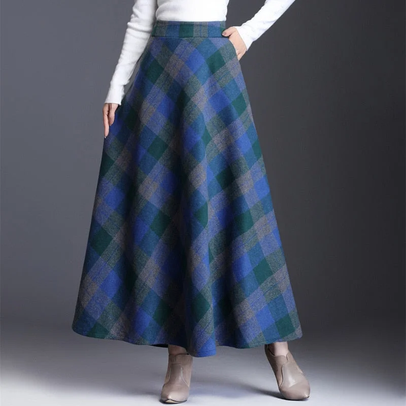 High Waist Woolen Skirts Women Winter 2019 Fashion Streewear Wool Long Pleated Skirt Casual Ladies Saia Longa Plaid Female Skirt