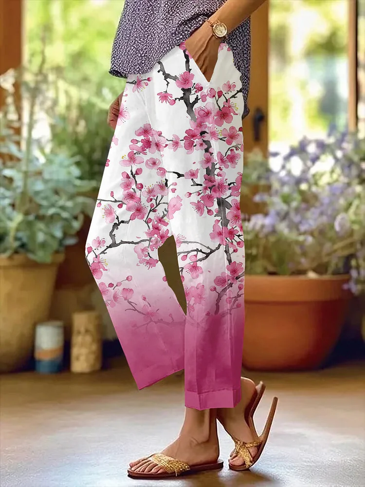 Floral Printed Cotton And Linen Casual Pants