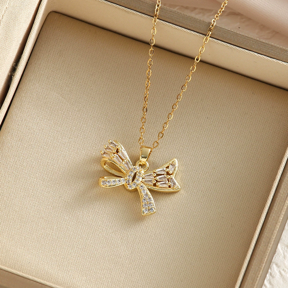 T-Shaped Zirconia Ribbon Gold-Plated Necklace